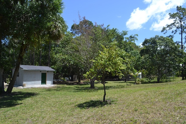 view of grassy yard featuring a shed and an outbuilding
