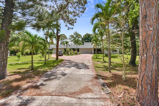 view of front of home with a front lawn, driveway, a garage, and stucco siding