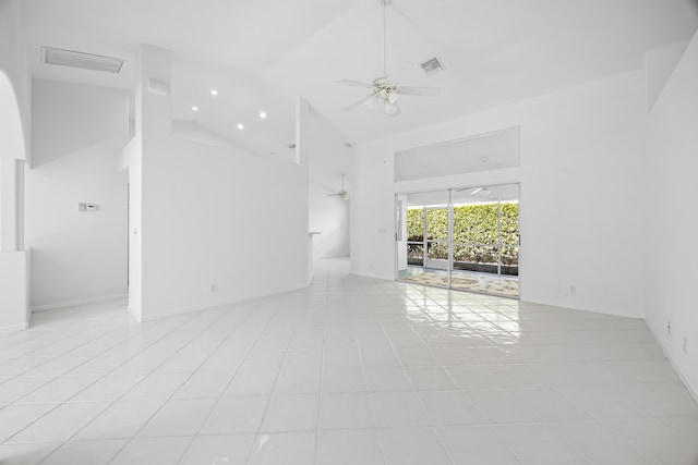 interior space with high vaulted ceiling and ceiling fan