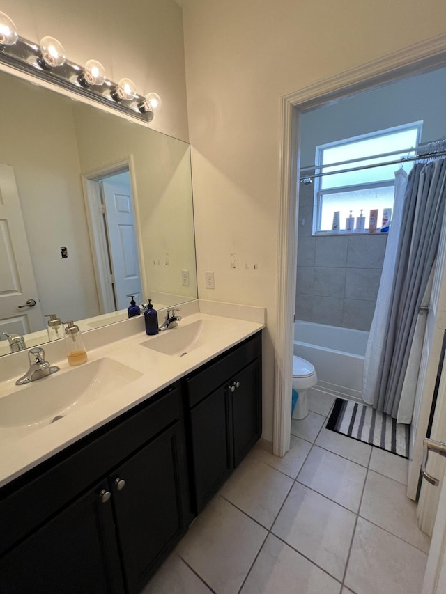 full bathroom featuring tile patterned floors, vanity, toilet, and shower / bath combo