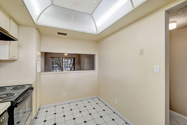 kitchen with ceiling fan, black electric range oven, extractor fan, and white cabinets