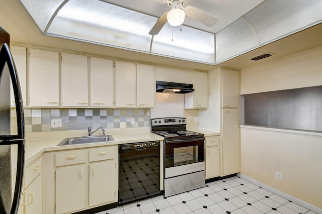 kitchen with backsplash, ceiling fan, sink, and black appliances