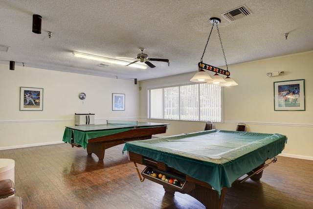 recreation room featuring wood-type flooring, pool table, ceiling fan, and a textured ceiling