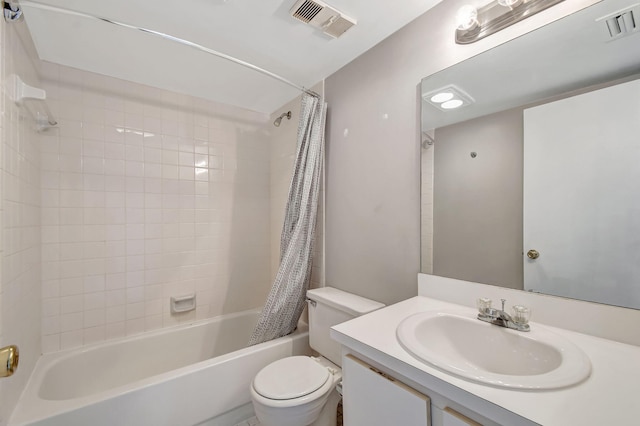 full bathroom featuring shower / bathtub combination with curtain, vanity, and toilet