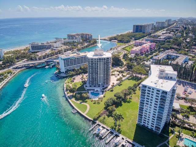 birds eye view of property featuring a water view