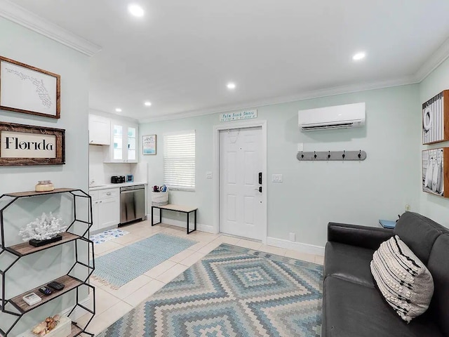 living room with crown molding, light tile patterned flooring, and an AC wall unit