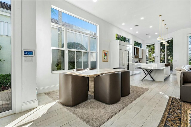 kitchen with a kitchen island with sink, hanging light fixtures, a healthy amount of sunlight, and light wood-type flooring