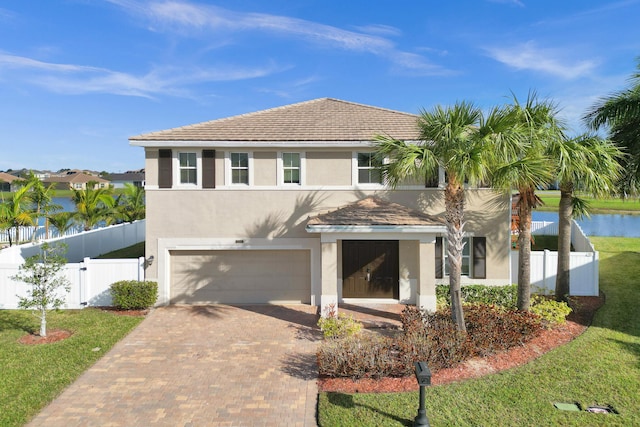 view of front of property featuring a garage and a water view