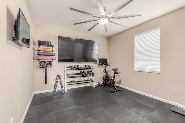 workout room featuring ceiling fan