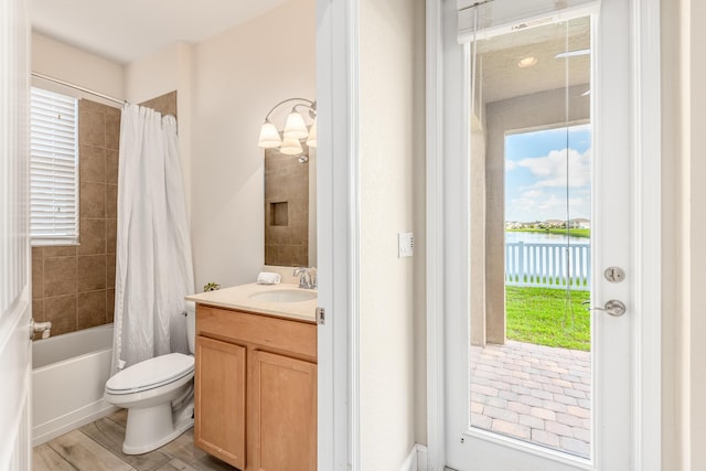 full bathroom with shower / bathtub combination with curtain, a water view, vanity, wood-type flooring, and toilet