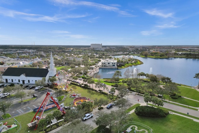 bird's eye view with a water view