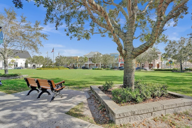 view of property's community with a lawn