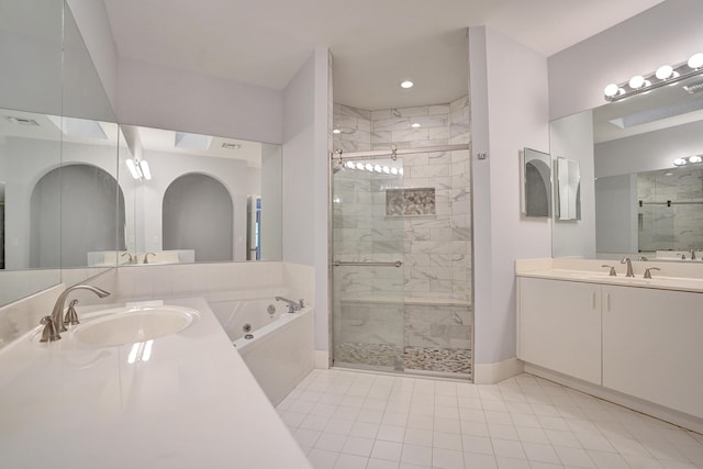 bathroom featuring vanity, plus walk in shower, and tile patterned flooring