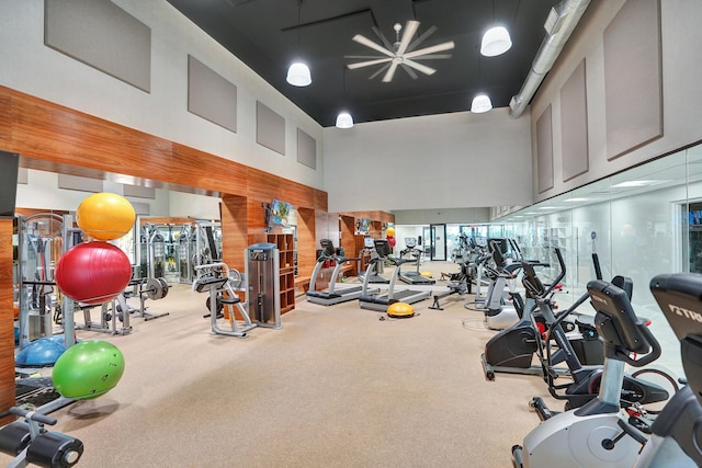 workout area with a high ceiling