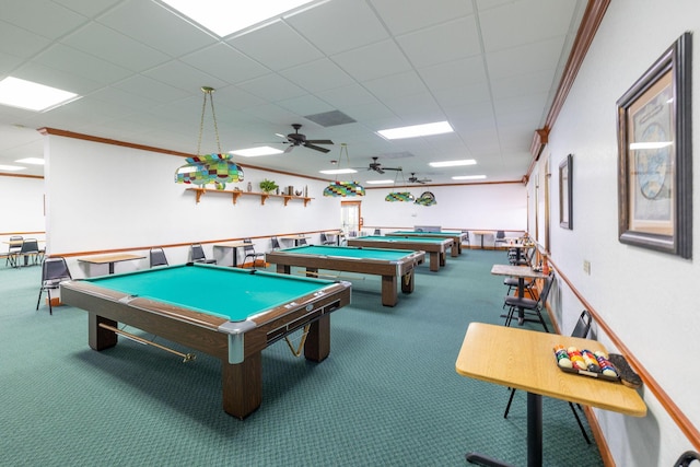 playroom with pool table, ornamental molding, and carpet flooring