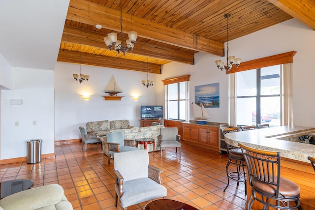 living room with light tile patterned flooring, wood ceiling, a chandelier, and beamed ceiling