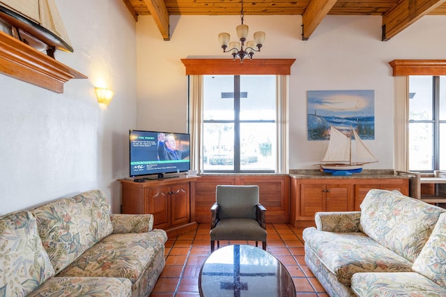 living room with tile patterned flooring, beam ceiling, wooden ceiling, and a chandelier