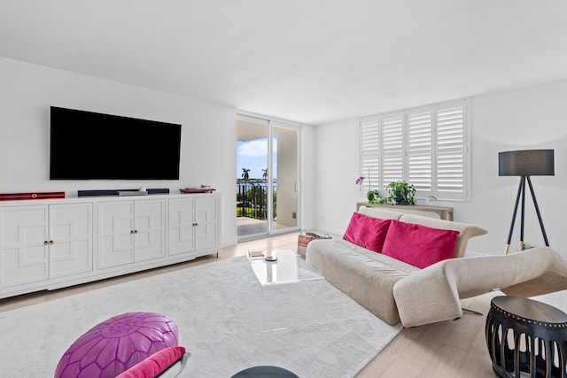 living room featuring light wood-type flooring and a wall of windows