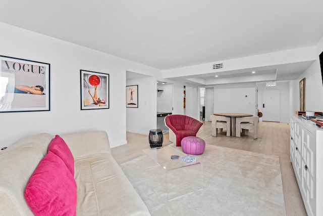 living room with a raised ceiling and light wood-type flooring