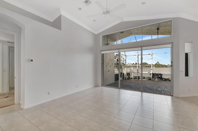 unfurnished room featuring light tile patterned floors, baseboards, visible vents, and a ceiling fan