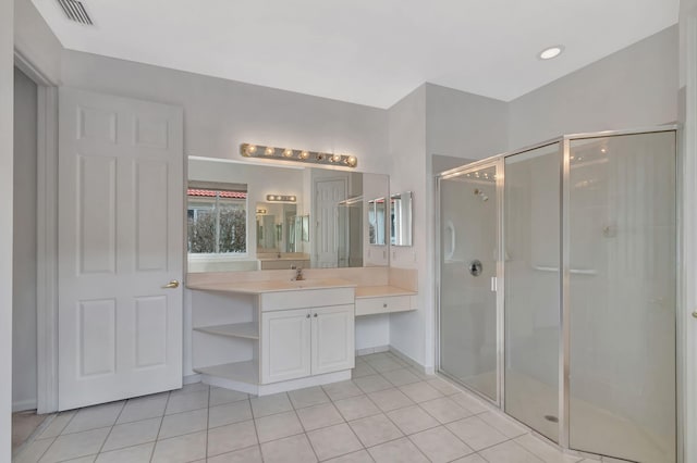 bathroom with visible vents, a shower stall, vanity, and tile patterned floors