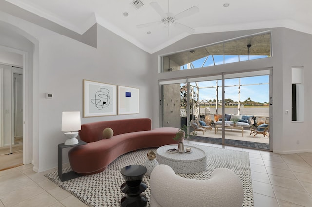 living room featuring ceiling fan, high vaulted ceiling, light tile patterned flooring, and visible vents