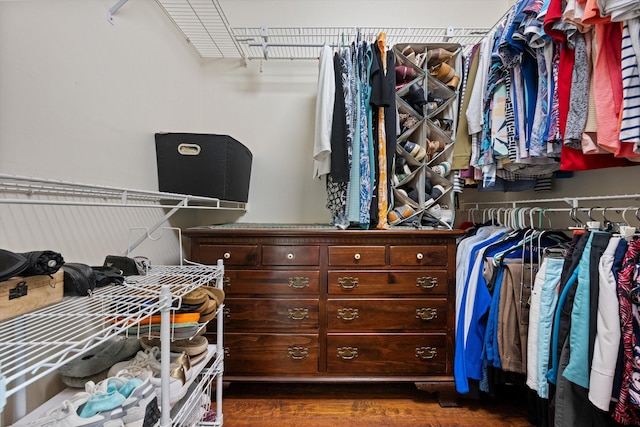 spacious closet featuring dark hardwood / wood-style floors