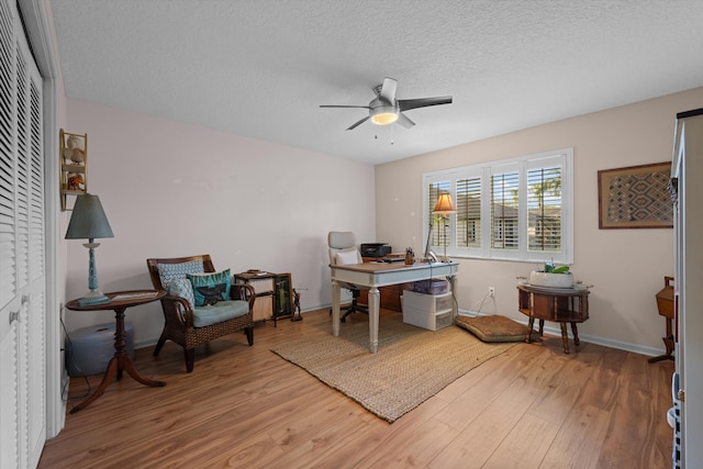 office area featuring hardwood / wood-style flooring, ceiling fan, and a textured ceiling