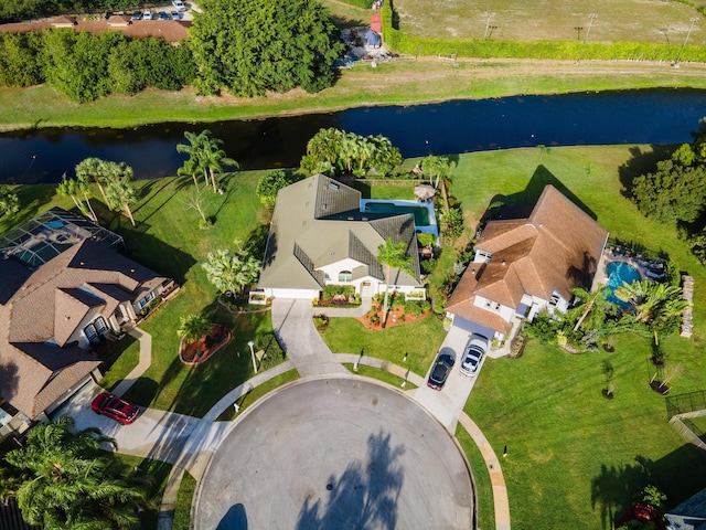 bird's eye view with a water view