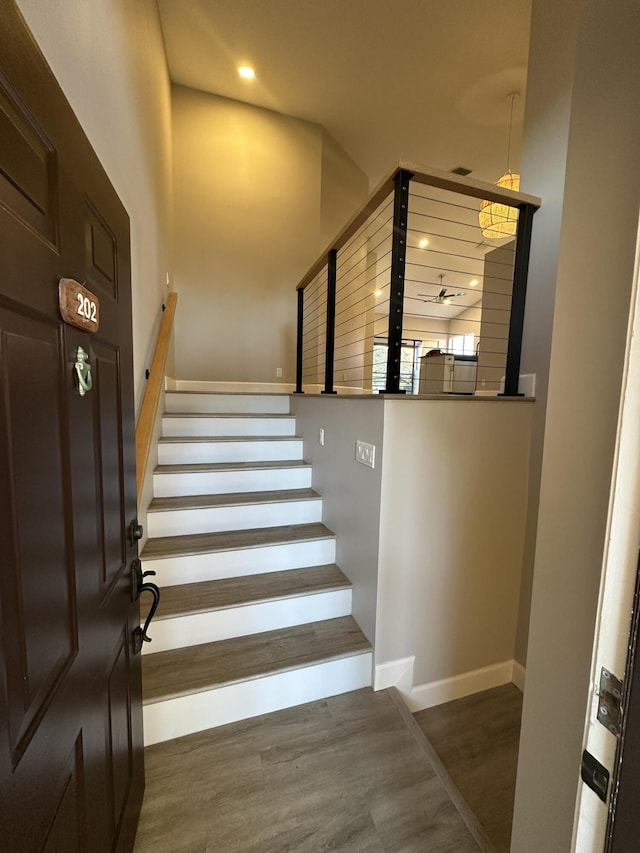 staircase with wood-type flooring