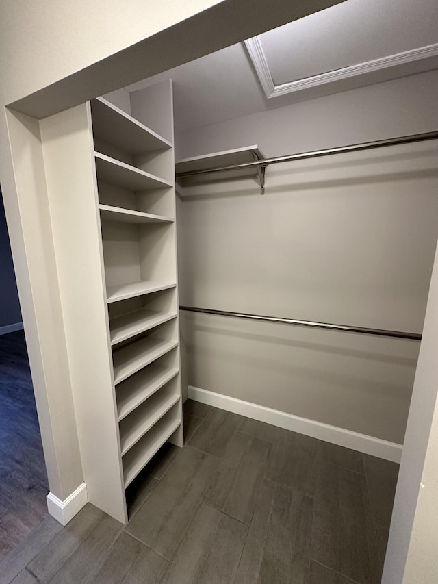 spacious closet with dark wood-type flooring