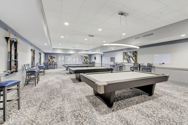 game room with recessed lighting, light carpet, billiards, and baseboards