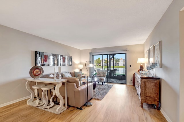 living area featuring baseboards and light wood-style floors