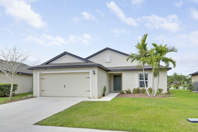 ranch-style home with an attached garage, driveway, roof with shingles, stucco siding, and a front lawn