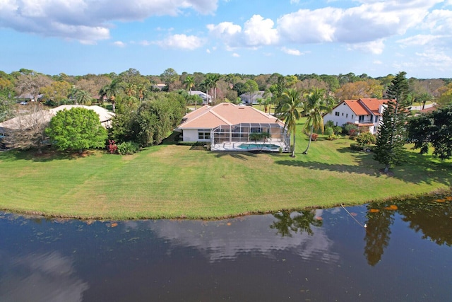 drone / aerial view featuring a water view