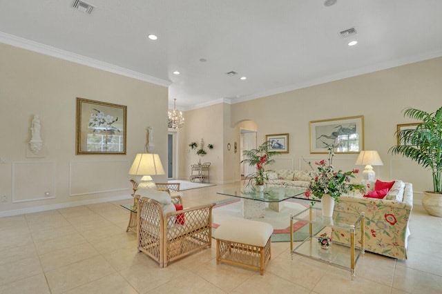 tiled living room with crown molding and an inviting chandelier