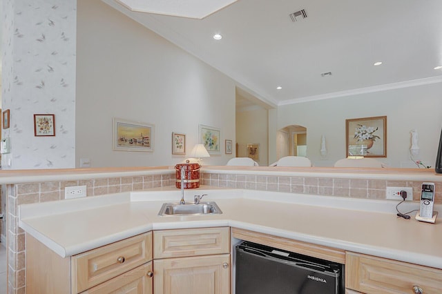 kitchen featuring tasteful backsplash, ornamental molding, sink, and light brown cabinetry