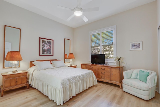 bedroom featuring ceiling fan and light wood-type flooring