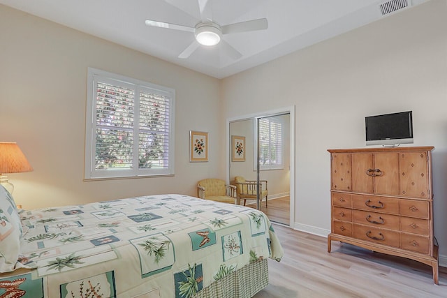 bedroom with ceiling fan and light wood-type flooring