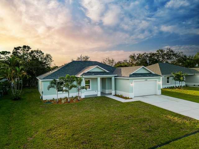 single story home featuring a garage and a lawn