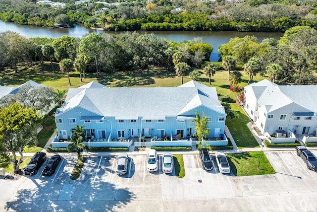 aerial view featuring a water view