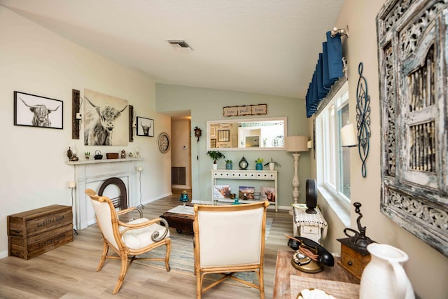 living area with lofted ceiling and light hardwood / wood-style flooring