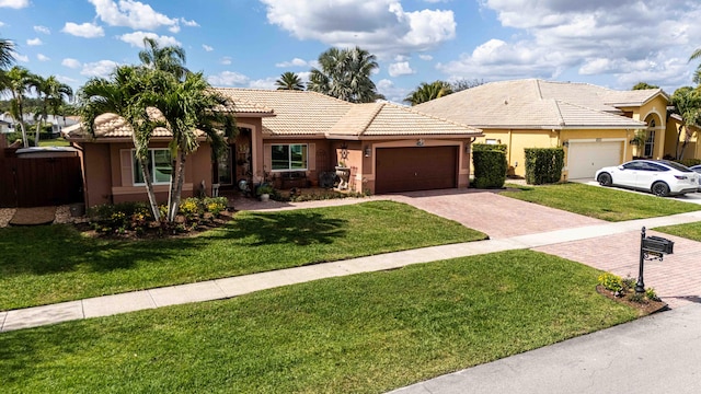 view of front of house featuring a garage and a front lawn