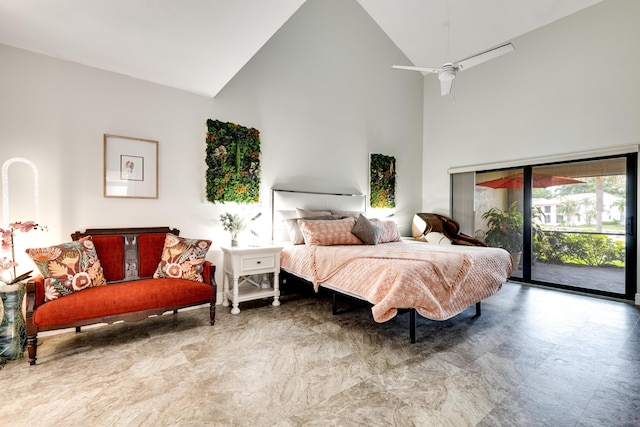 bedroom featuring ceiling fan, high vaulted ceiling, and access to outside