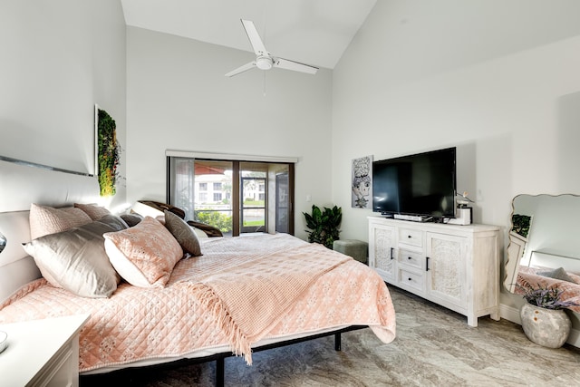 bedroom featuring high vaulted ceiling and ceiling fan