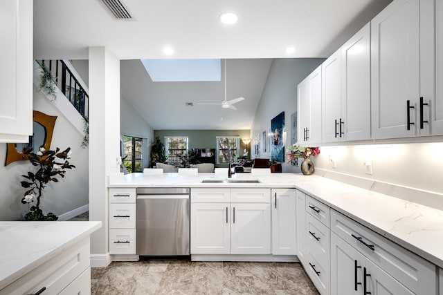 kitchen with sink, stainless steel dishwasher, white cabinets, and kitchen peninsula