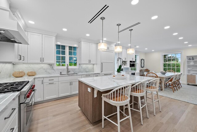 kitchen featuring a kitchen island, appliances with stainless steel finishes, custom exhaust hood, white cabinetry, and a sink