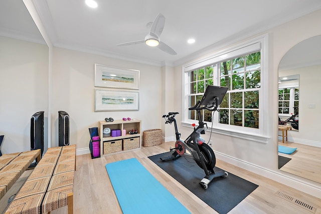 exercise area featuring crown molding, wood finished floors, visible vents, and a healthy amount of sunlight