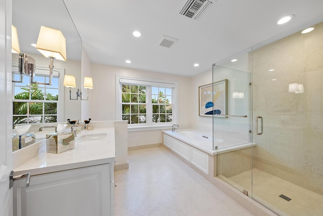 full bathroom featuring a shower stall, visible vents, a bath, and recessed lighting