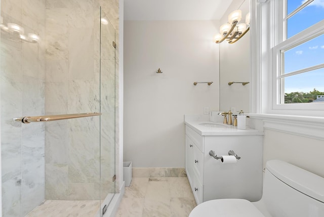 full bathroom featuring a shower stall, toilet, and vanity